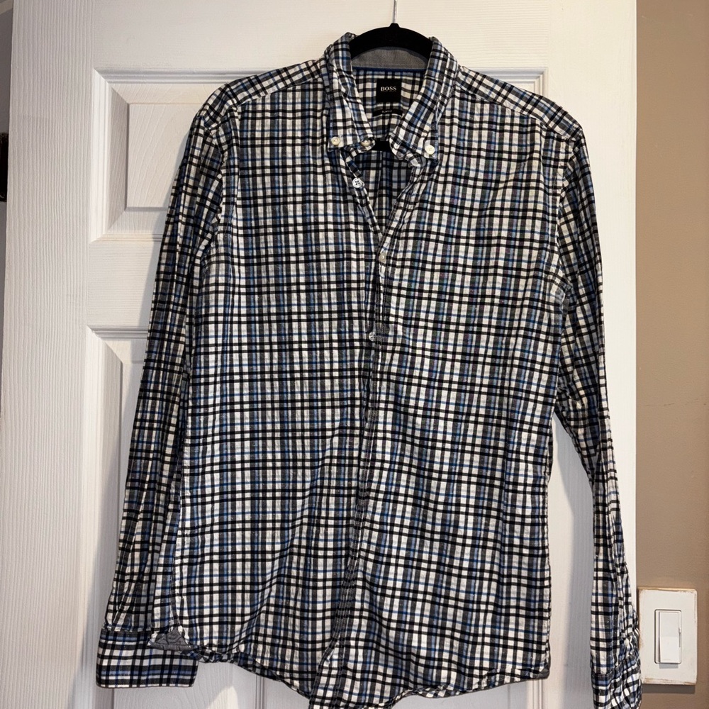 Hugo Boss Blue and White Plaid Shirt